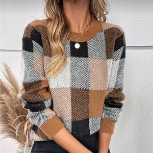 SHEIN Crewneck Sweater -  Women's Plaid Colorblock Brown, Black, White Medium